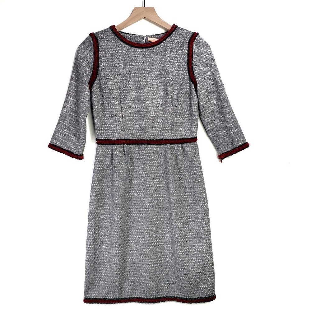 Vilagallo Tweed Sheath Dress Sz 36 2 Grey Woven‎ Chenille Trim Career